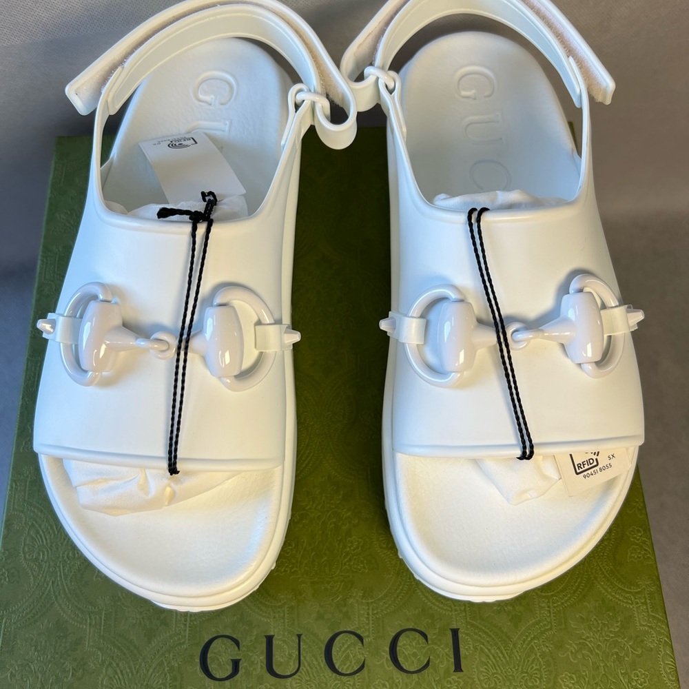 GUCCI White Horsebit White Platform Sandal Size 38 NWT